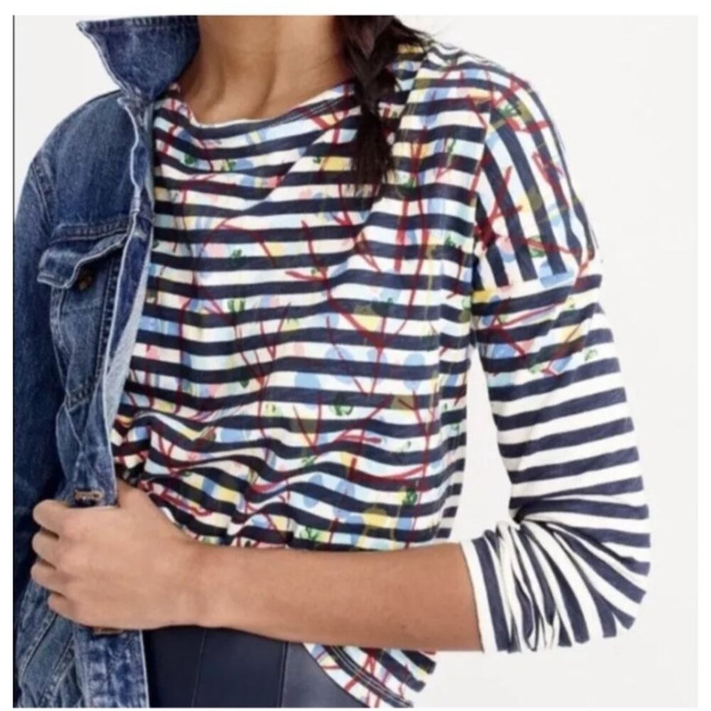 Michael De Feo For J Crew‎ Navy White Striped Top L Abstract Flowers Nautical